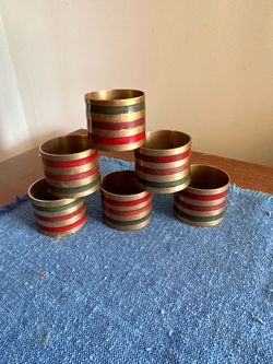 Vintage  Napkins Ring Red Green Copper Metal set of 6