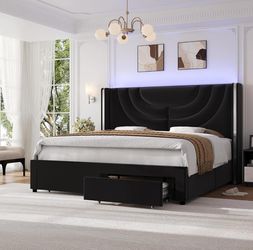 Full Upholstered LED Bed Frame with 2 Storage Drawers, Velvet Platform Bed with Wingback Headboard, Solid Wooden Slats Support, No Box Spring Needed, 