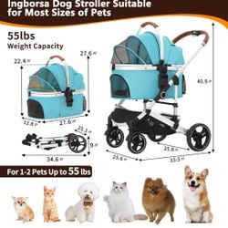 Ingborsa Pet Stroller 3 in 1 Folding Lightweight Dog Stroller with Detachable Carrier & Storage Basket, Premium 4 Wheels Travel Stroller for Puppies, 