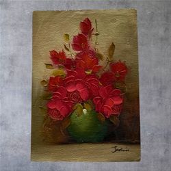 Vintage Oil Painting Floral Red Roses Gold Impasto Mid Century Modern Art 1960s