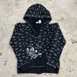 VINTAGE BLACK Y2K ZIP UP HOODIE WITH ALL AROUND CROWN PRINT