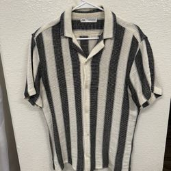 Zara Black & White Striped Linen / Tweed Shirt