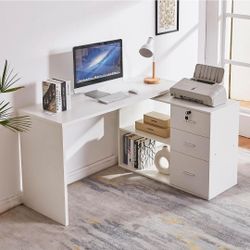 White L Shaped 55in Desk with Lock Drawers Storage, Shelves, Rotating, Power Strip New 