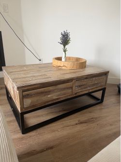 Rustic Wood Coffee Table w/ 2 Drawers + Black Metal Base