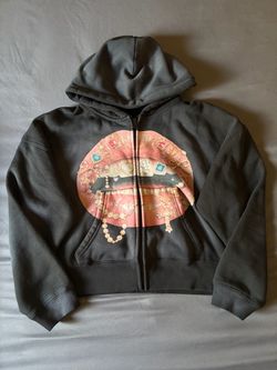 Black Zip-Up Hoodie with Lips Graphic
