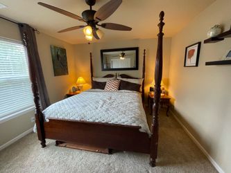 King 4 post bed frame, mattress, nightstands: real solid wood, cherry