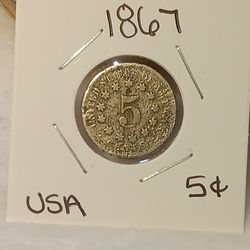 #282 USA 1867 Five Cents Coin 