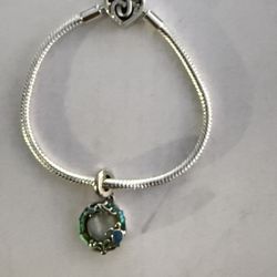 Beautiful 925 Silver “PANDORA” Charm Bracelet w/ Sterling Charm W/Ocean Design In Yellow, Blue, Green