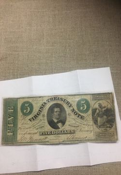 1862 $5 US treasury note (LARGE SIZE )Virginia VG OLD US