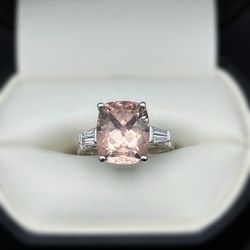 14k solid white gold 5Ct Morganite Cushion-Cut 0.4ctw Diamond brilliant & baguette cut stone ring size 5.25