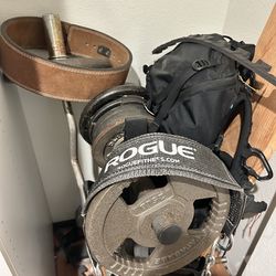 $1 per 1lb Weight plates w/ EZ Bar, Weight tree, lifting belt, dip belt