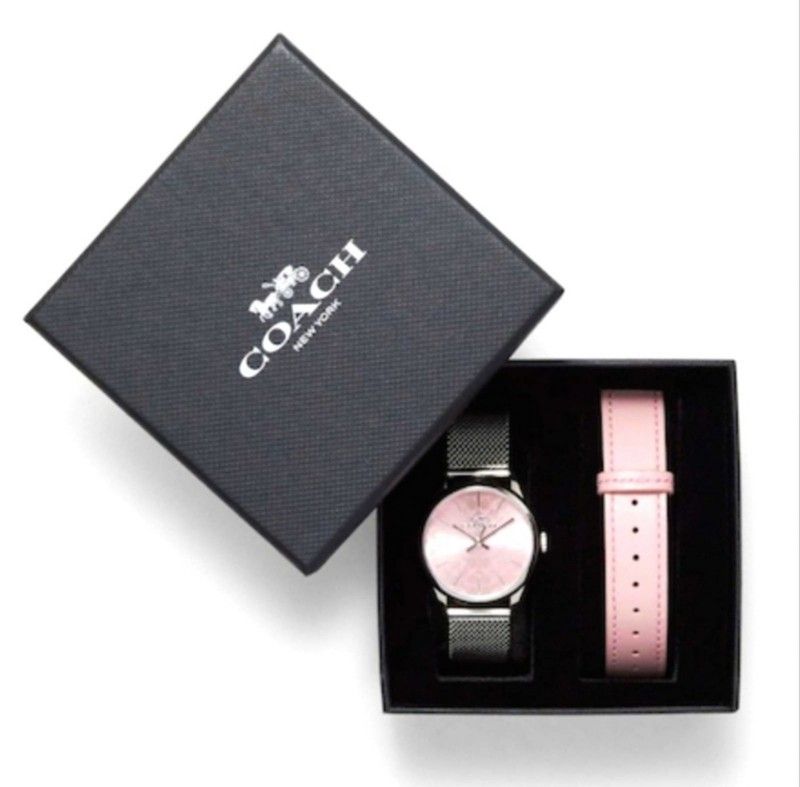 COACH 32MM WATCH GIFT BOX SET WATER RESISTANT "RUBY" WITH BANDS IN PINK & SILVER