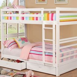 Brand New White Twin Size Bunk Bed w Trundle Drawers