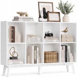 Mid-Century Modern 8-Cube Bookshelf, 47.1 x 9.4 x 30.3 Inch Bookcase with legs, Storage Organizer, Display Shelf for Living Room, Cloud White, MAEZO C