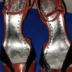 NEW BCBG GIRLS RED AND BLACK PEEP TOE ANKLE STRAP STILETTOS