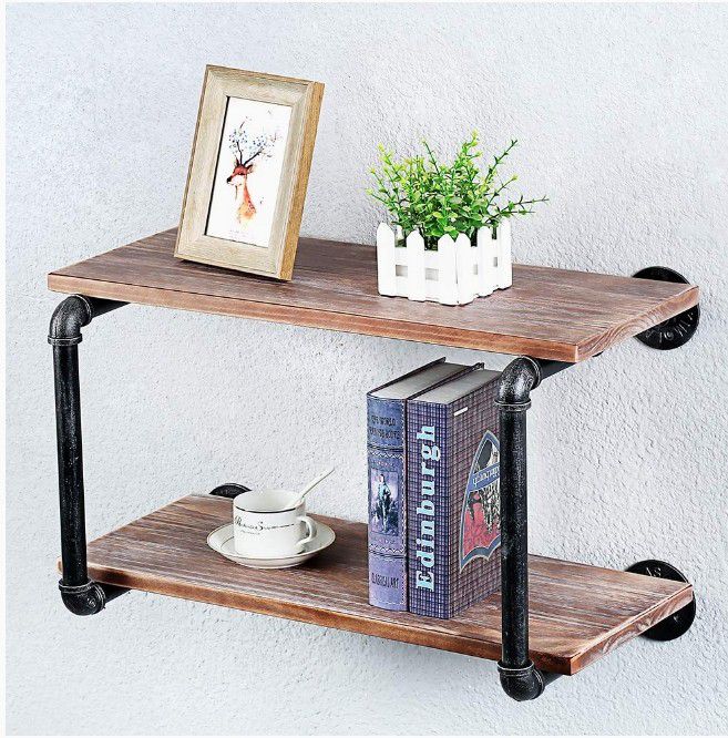 Floating Shelves for Wall Industrial Rustic Pipe with Wood Iron Pipe Shelf,Metal Floating Shelf Wall Mounted  Shelves(2 Tier,24in)