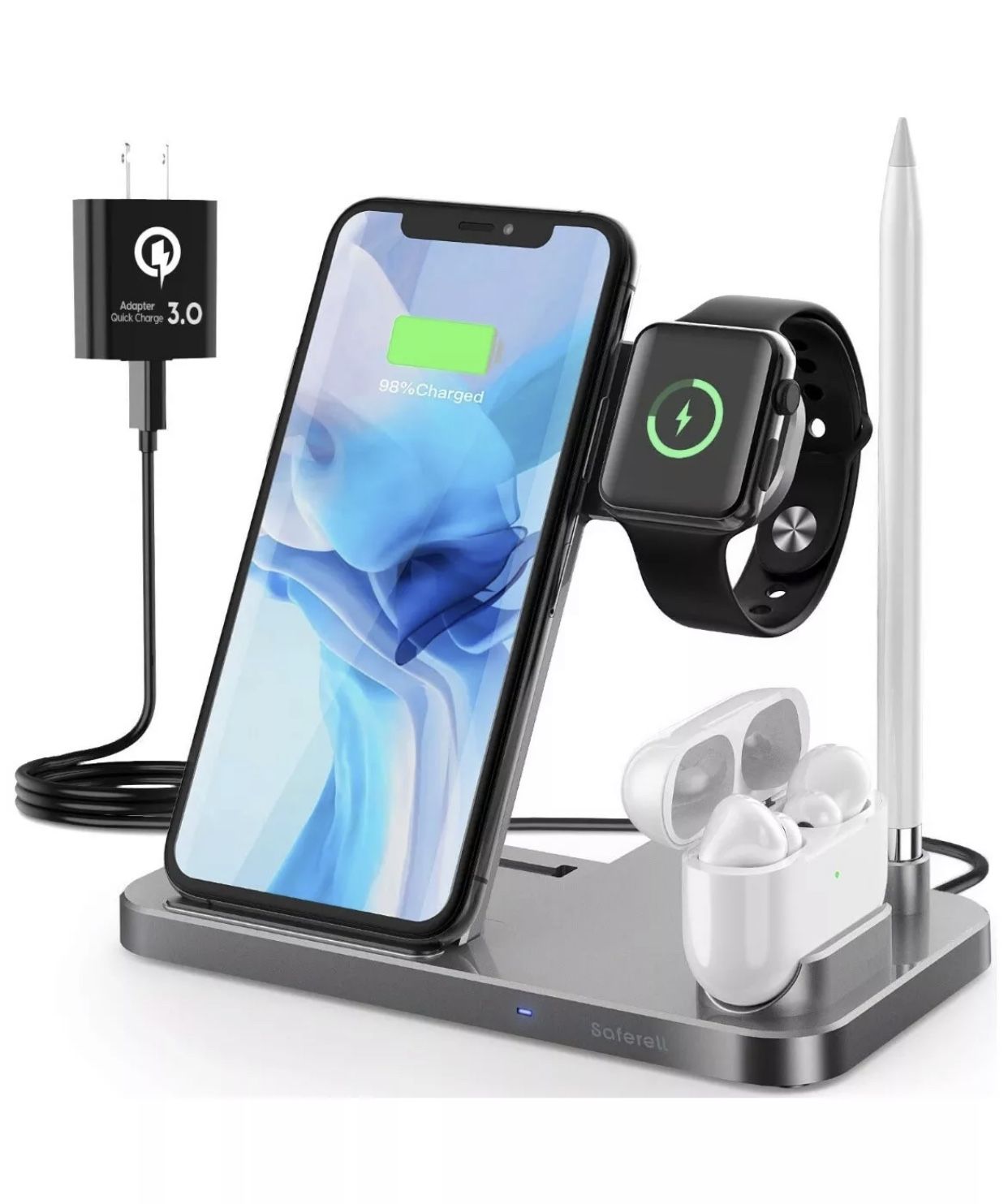 4 in 1 Wireless Charging Station, Saferell 2020 Upgraded Qi-Certified Fast Charging Dock Stand for iWatch Series 6/SE/5/4/3/2, AirPods & Pencil, Compa