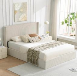 Full Size Corduroy Upholstered Wingback Bed with Hydraulic Storage