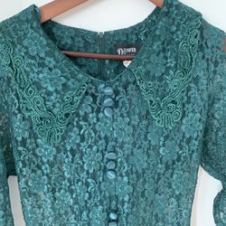 Vintage 70s Corset See Through Lace Dress With Collared Top In Forest Green- By Dawn Joy Fashion
