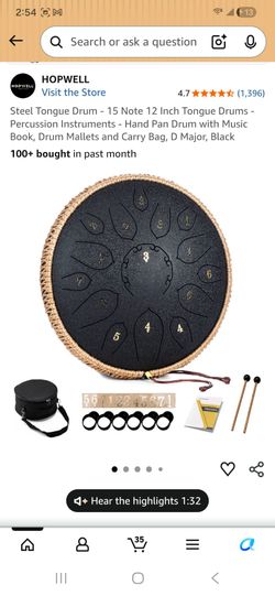Steel Tongue Drum - 15 Note 12 Inch Tongue Drums - Percussion Instruments - Hand Pan Drum with Music Book, Drum Mallets and Carry Bag, D Major, Black