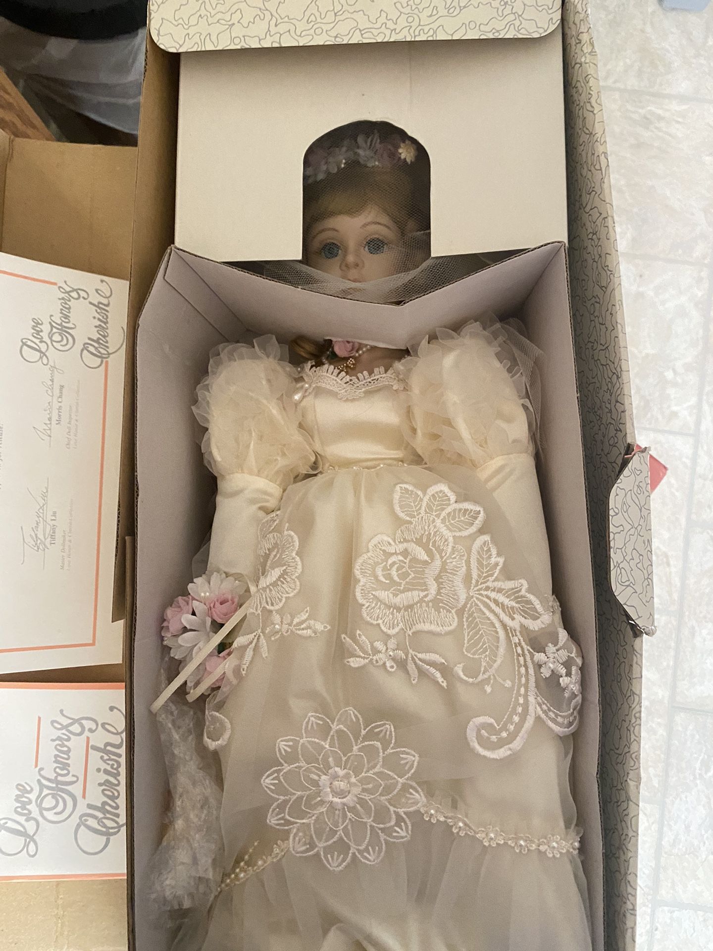 19” Bride porcelain doll New. With Stand 