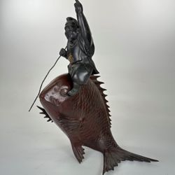 Antique Japanese Meiji Period Cast Iron Ebisu Fish God Seabream Carp Statue
