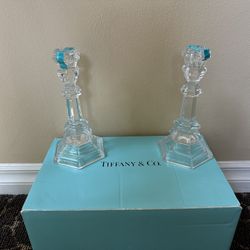 2 New unused TIFFANY Candle Holders Plymouth Crystal Candlesticks