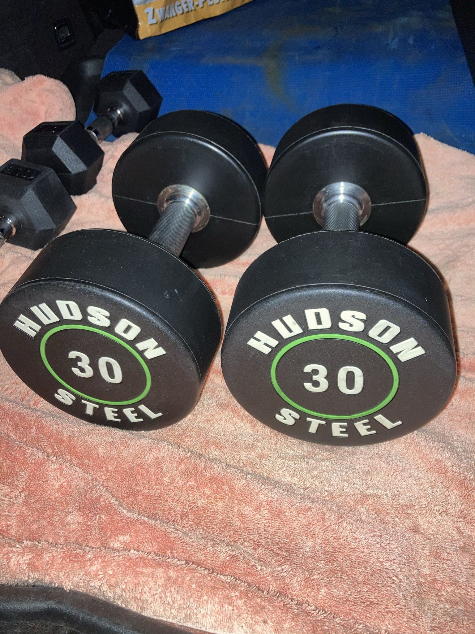 Pair Of 30 Lb Hudson Steel Rubber Encased Urethane Dumbbells