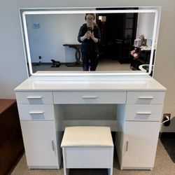 Makeup Vanity Desk with Mirror and Lights: Large Mirror with 3 Modes Lighting - White Vanity with 5 drawers