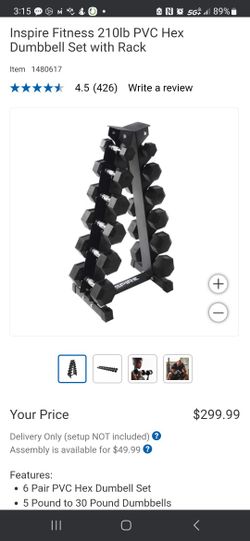 Like new Inspire Fitness 210lb PVC Hex Dumbbell Set with Rack. Sells at Costco for 300 plus tax for Sale in San Marcos CA OfferUp