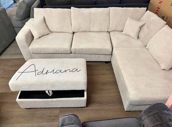 Elegant‼️3-Pc Ivory Corduroy Sectional Sofa With Storage Ottoman