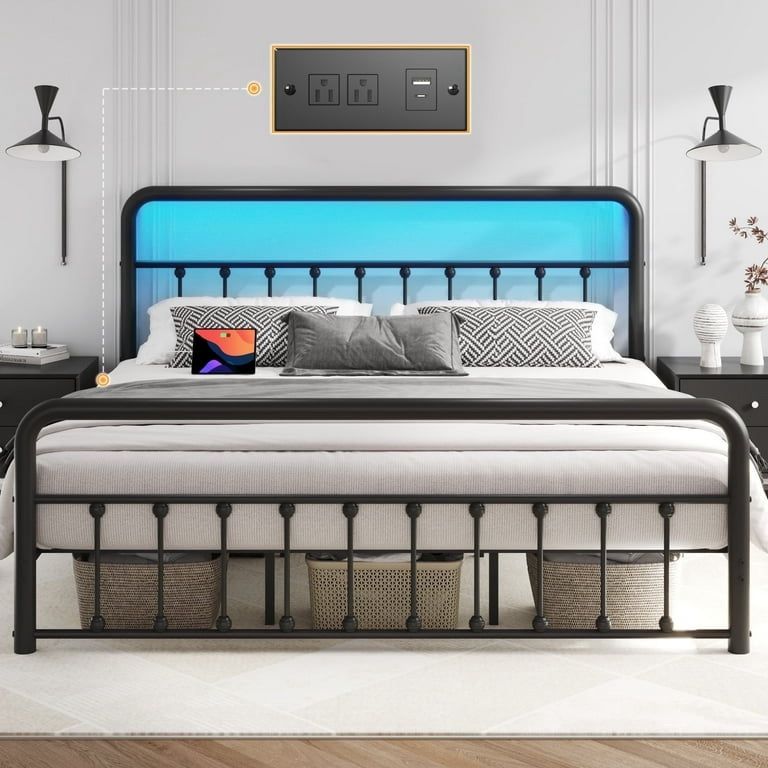 New 14 Inch Classic Metal Platform King Bed Frame with Charging Station & LED, Victorian Style Headboard/Footboard, Underbed Storage, No Box Spring Ne