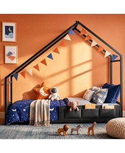 Twin Floor Bed with Guardrails and House Shaped Metal Frame，Black