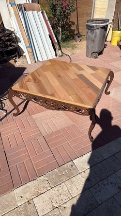 Wood Top Table with Ornate Iron Base 41 1/2x41 1/2 x 18 inches tall
