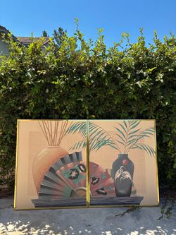 70s 80s vintage postmodern FRANCO STILL LIFE VASE & FAN ORIGINAL PAINTING