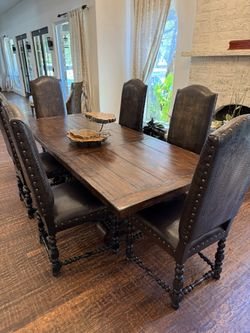 Rustic Trestle Dining Table & 6 Crocodile-Textured Nailhead Chairs