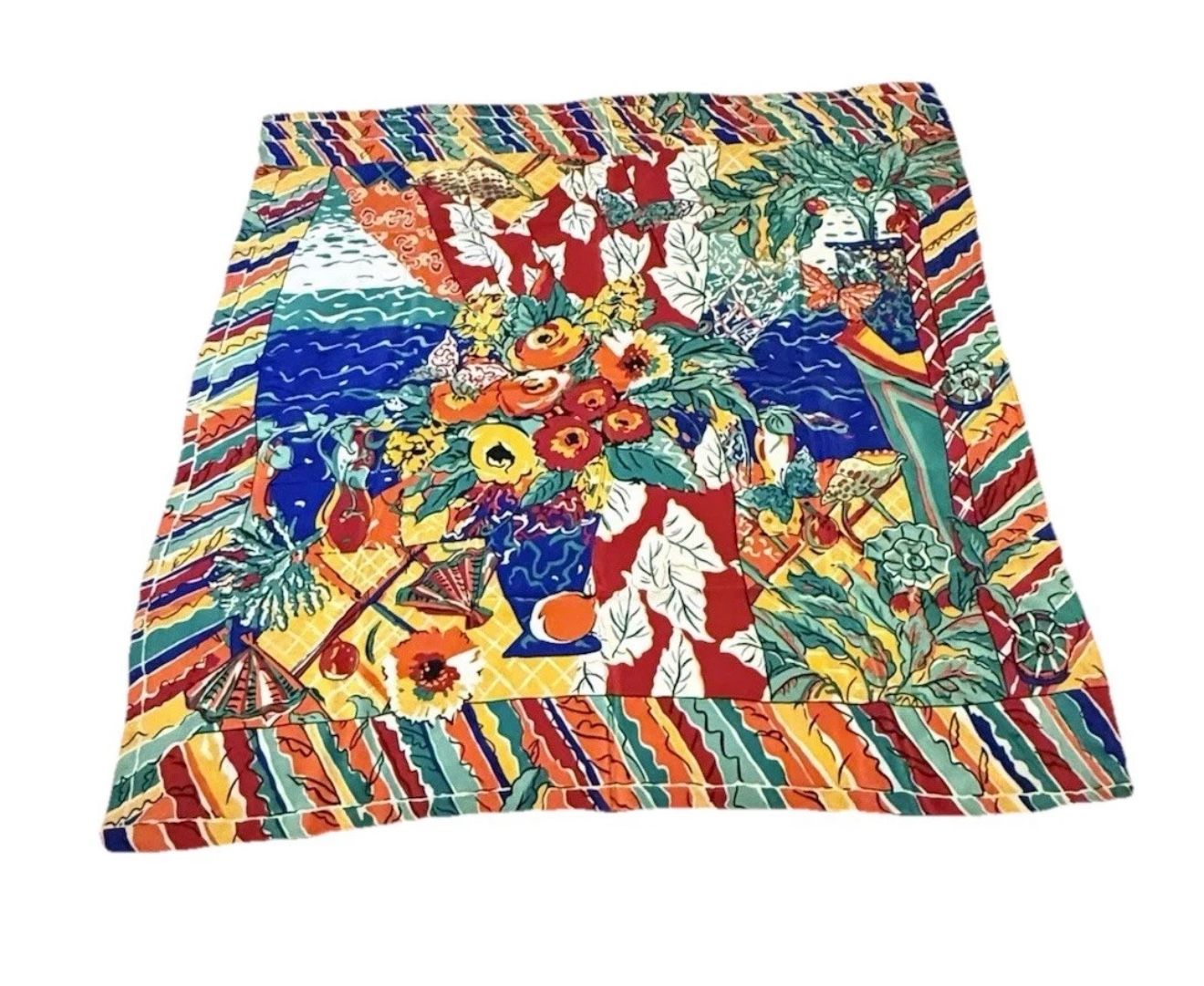 Vtg Ginnie Johansen Silk Scarf Butterfly Floral Seaside Design Vibrant Abstract