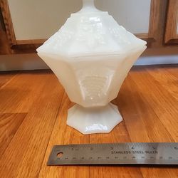Anchor Hocking Octagon Milk Glass Grapes and Leaves Compote / Candy Dish With Lid
