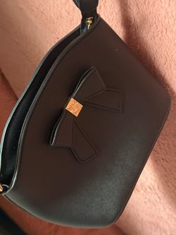 Black Leather Shoulder Bag with Bow Detail