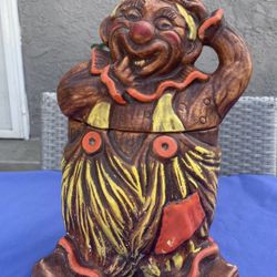 Vintage Painted Brush Pottery Large Creepy Looking Clown Cookie Jar 15” Tall