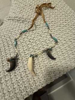 Native American choker necklace, genuine alligator tooth, lynx bone and coyote claw, turquoise, tied with tendons