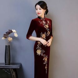 New M Velvet Burgundy Traditional Chinese Dress Sequins Cheongsam Qipao Wedding