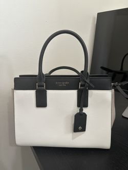 Kate Spade Cameron Medium Satchel Shoulder Tote Bag White Beige Black Leather