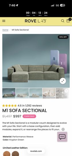 Rove Concepts M1 Sofa Sectional & Ottoman - Krypton Green