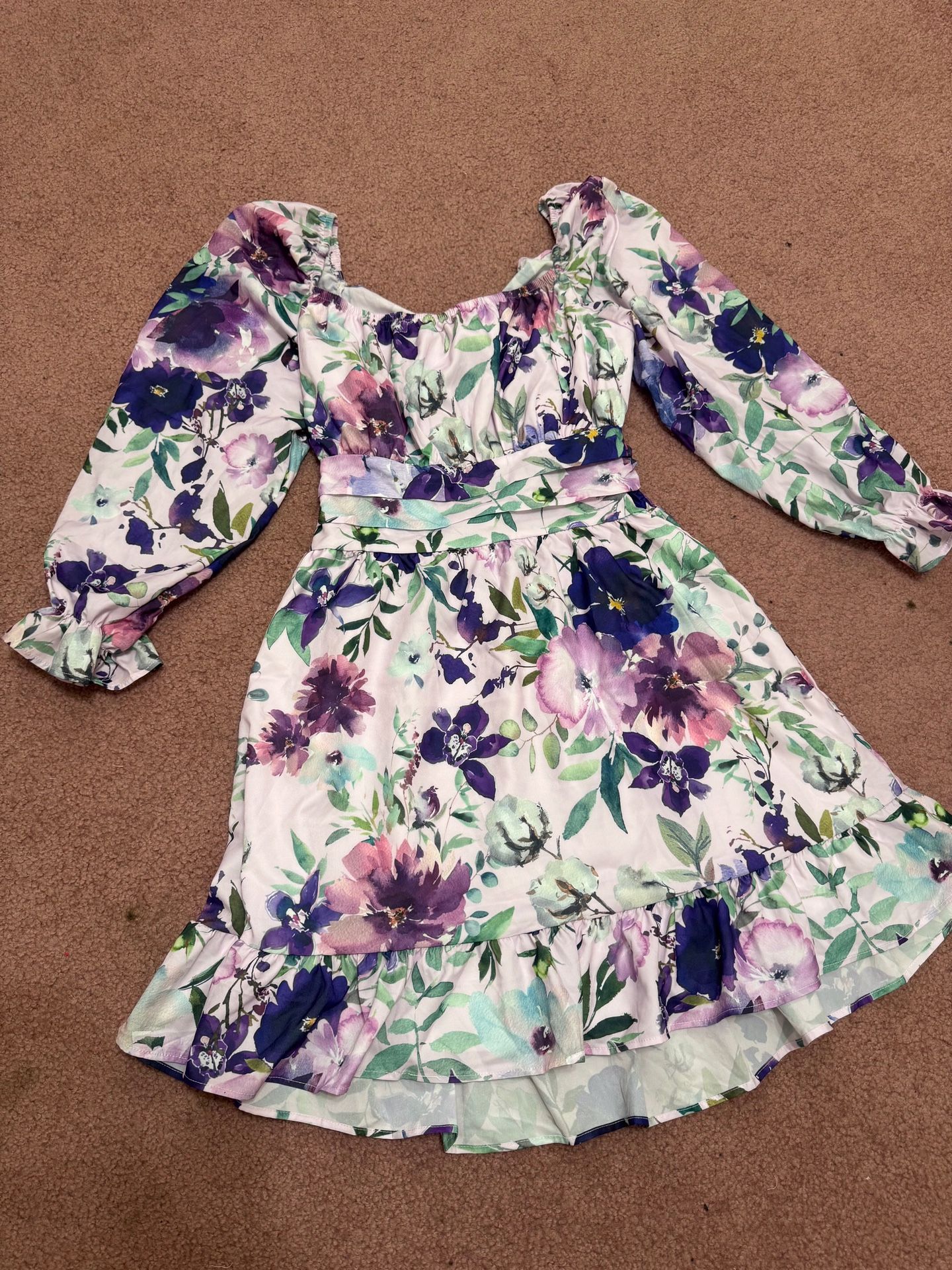 Knew large floral purple short ruffle poof sleeve boho dress