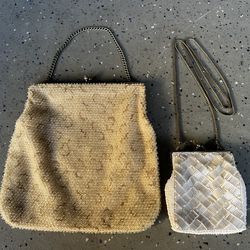 Vintage 1950s White Beaded Purses - Chenille & Satin Clutches w/ Chains