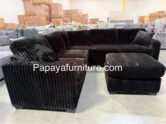 New Plush Black Sectional Sofa And Ottoman, Sectionals, Sofa, Couch, Plush Sectional, High Back Couch, Sofas, Black Sectional, Black Sofa, Black Couch