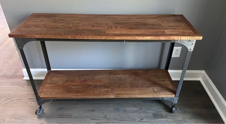 Industrial Wood and Metal Console Table with Wheels