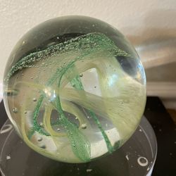 Vintage Hand Blown Art Glass Clear Green Yellow Swirls Sphere Paperweight 4”