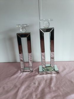 Z Gallerie Mirrored Column Candle Holders - Silver